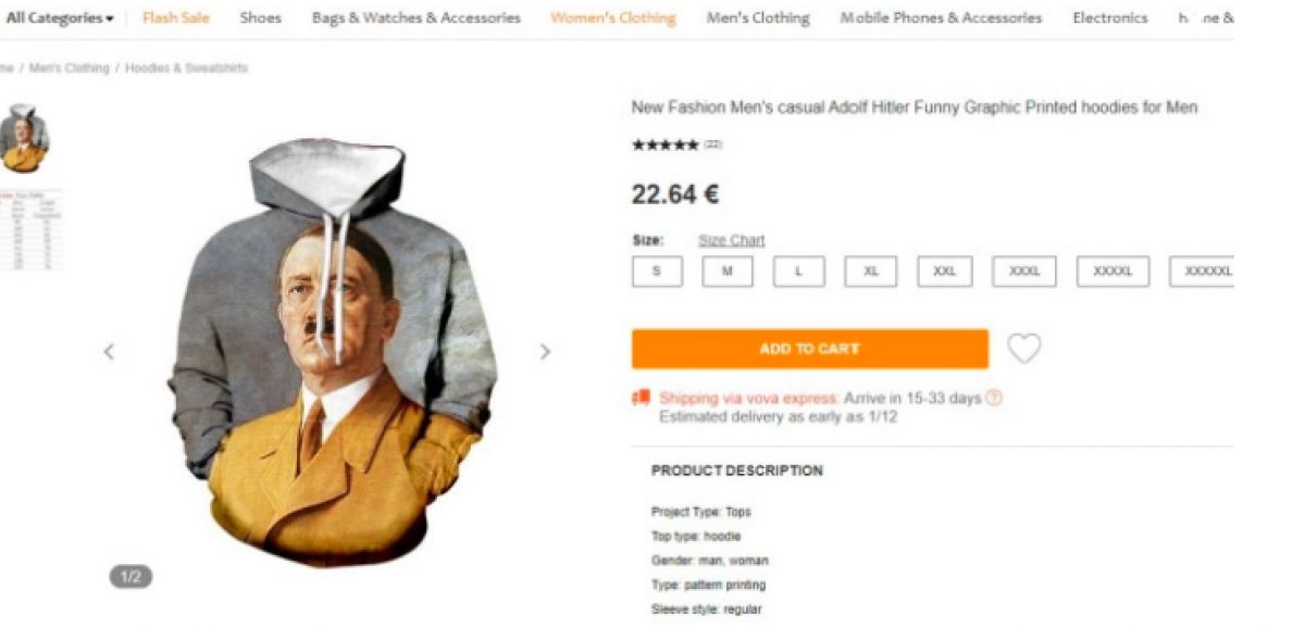 La plateforme de vente en ligne Vova propose un sweatshirt à capuche à l'effigie d'Hitler